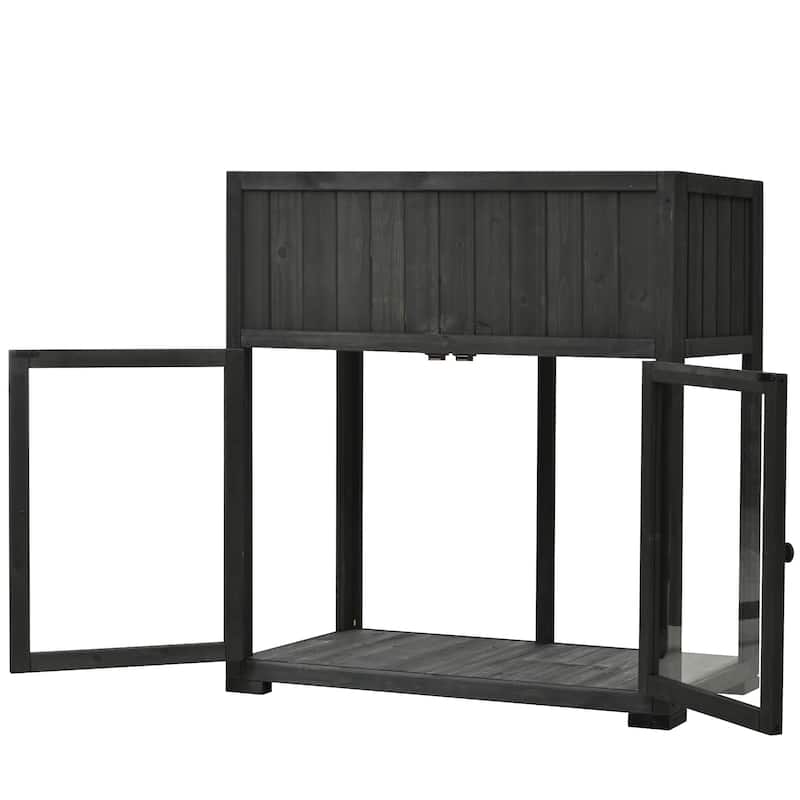 35.4" Wood Garden Greenhouse with Wheels,2 Doors and Liner