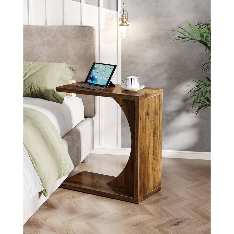 Wood 2-Tier C-Shaped ChairSide End Couch Table (Set of 2)