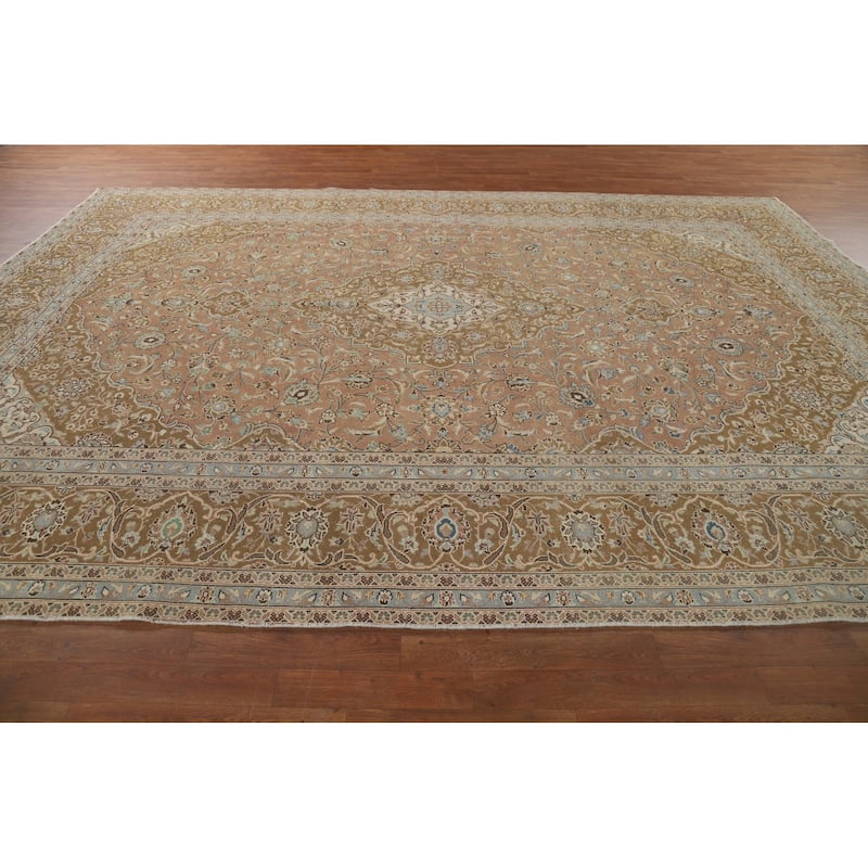 Traditional Kashan Vintage Persian Rug Hand-Knotted Pink Wool Carpet - 9'6" x 13'0"