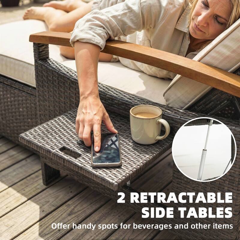 Outsunny Rattan Outdoor Daybed w/4-Level Adjustable Backrest, Patio Sofa Bed w/Loveseat, Storage Ottoman, Acacia Wood Armrest