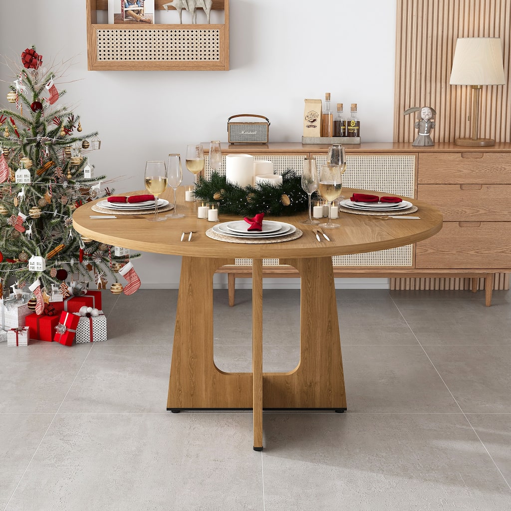 Roomfitters 47 Inch Round Dining Table for 4, Modern Farmhouse Kitchen Table with Pedestal Base, Ancient Oak