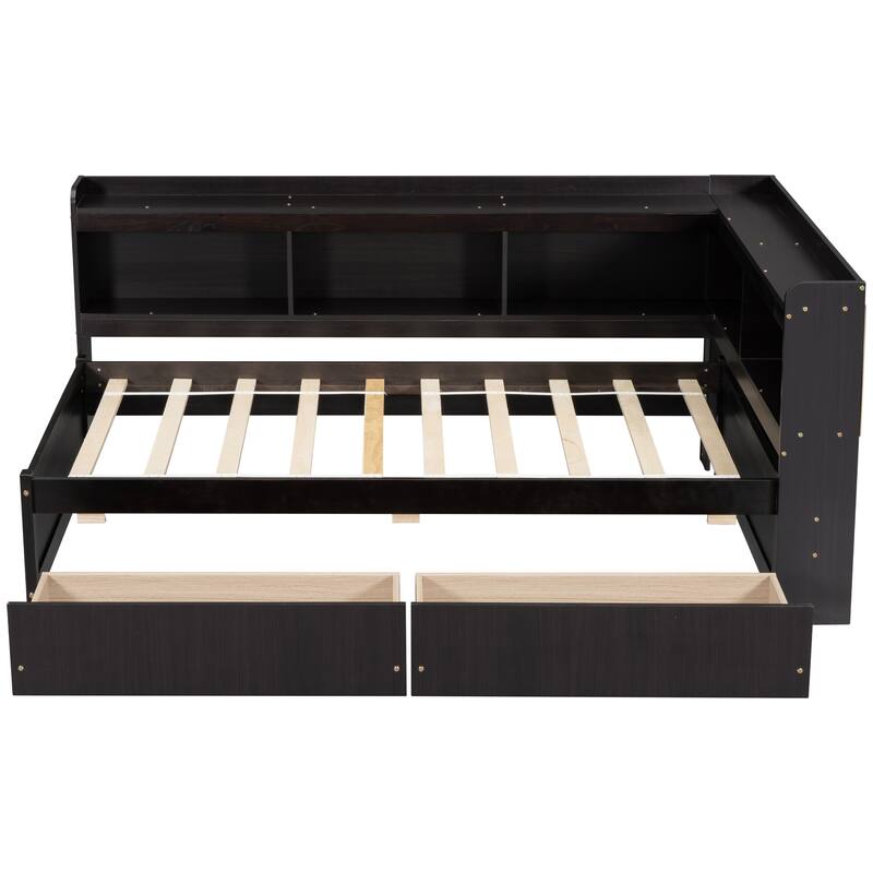 Pine Platform Bed with 2 Drawers & L-shaped Bookcases