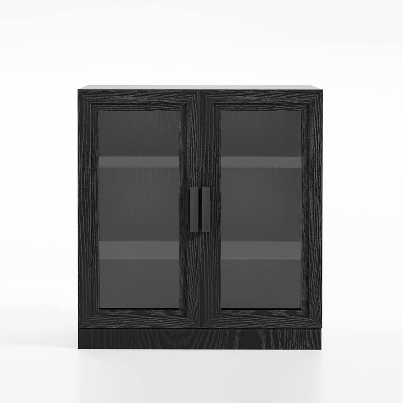 Wood Bookshelf Storage Cabinet with 2 Glass Door and Adjustable Shelf for Kitchen Bedroom Entryway Living Room Dinning Room - 36" x 31" x 16" - Black