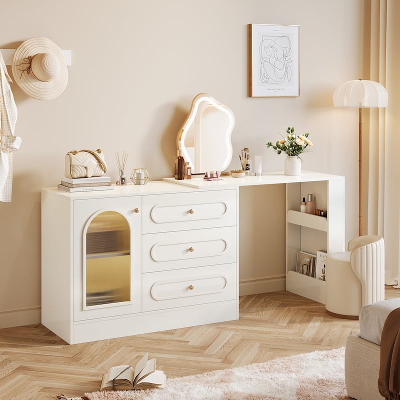 Modern 360° Rotatable Vanity Desk Dressing Table with 3 Drawers - N/A - White