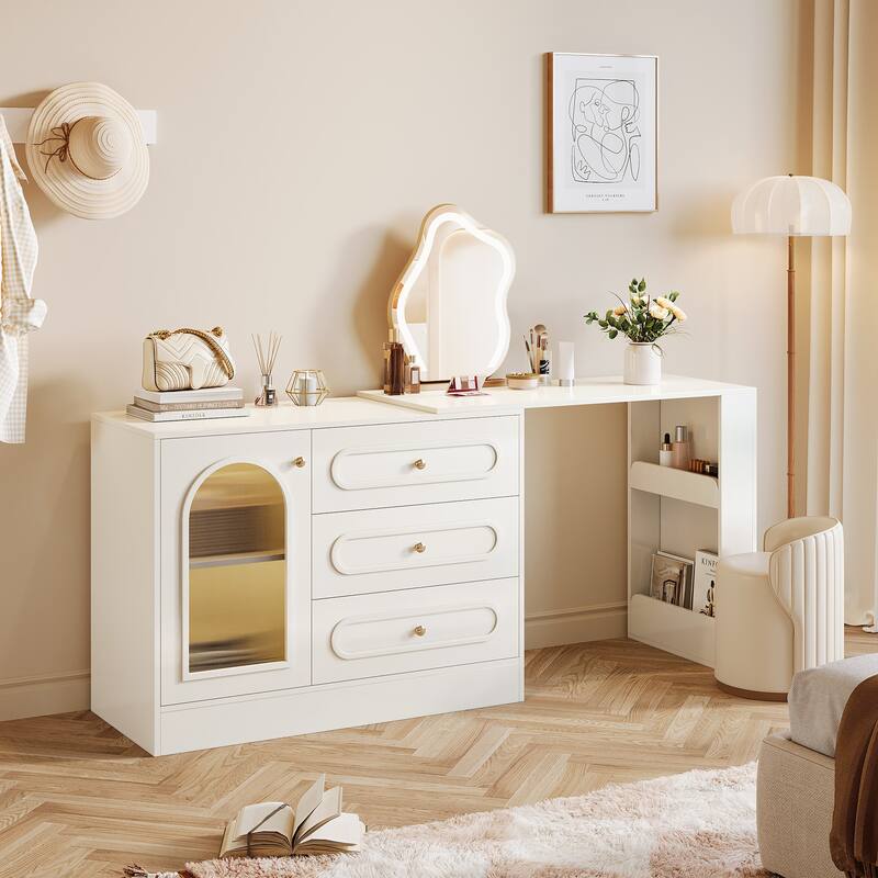 Modern 360° Rotatable Vanity Desk with 3 Drawers, White Corner Vanity