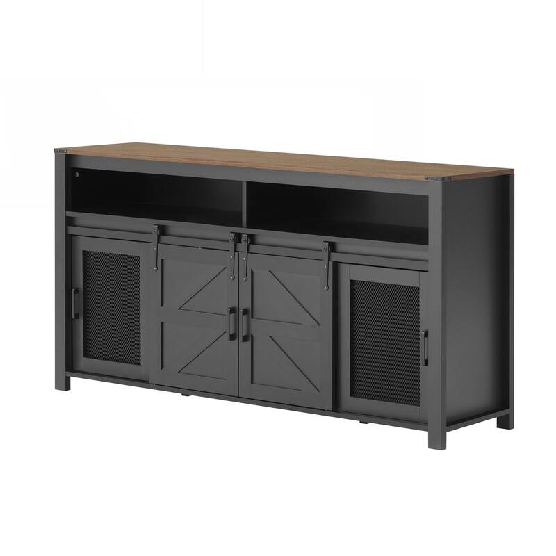 Sideboard with Sliding Barn Door and Mesh Panels,Farmhouse Buffet with Open Storage