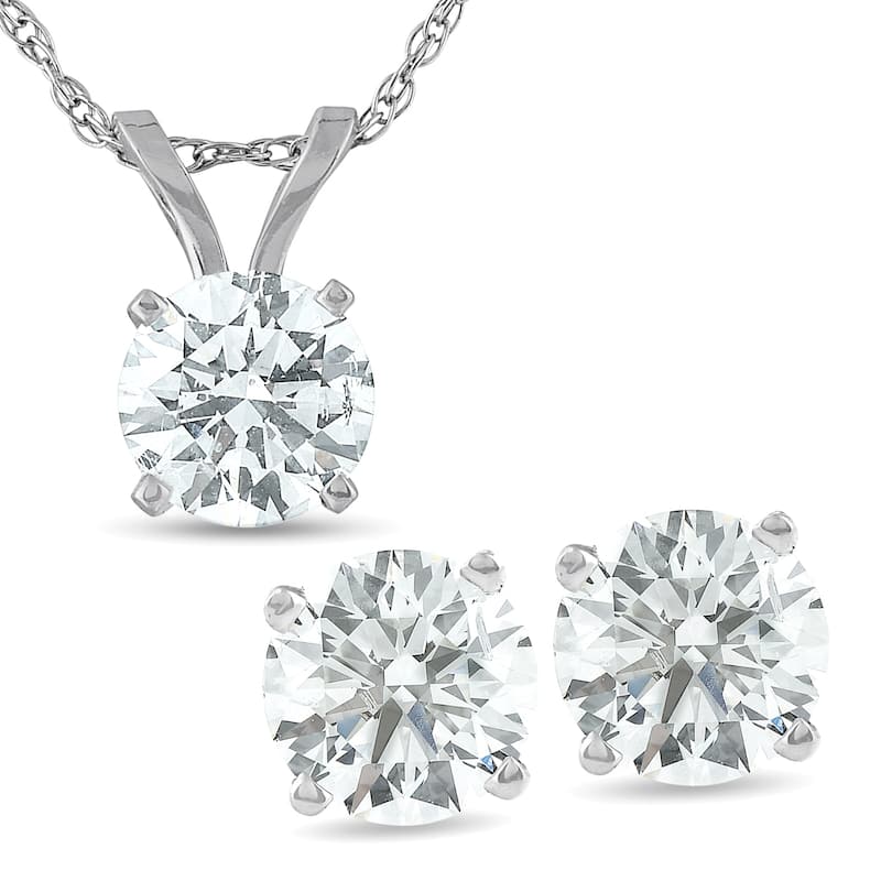 Bliss Diamond 2 Cttw Diamond Solitaire Necklace & Studs Earrings Set White Gold - White - 18 Inch