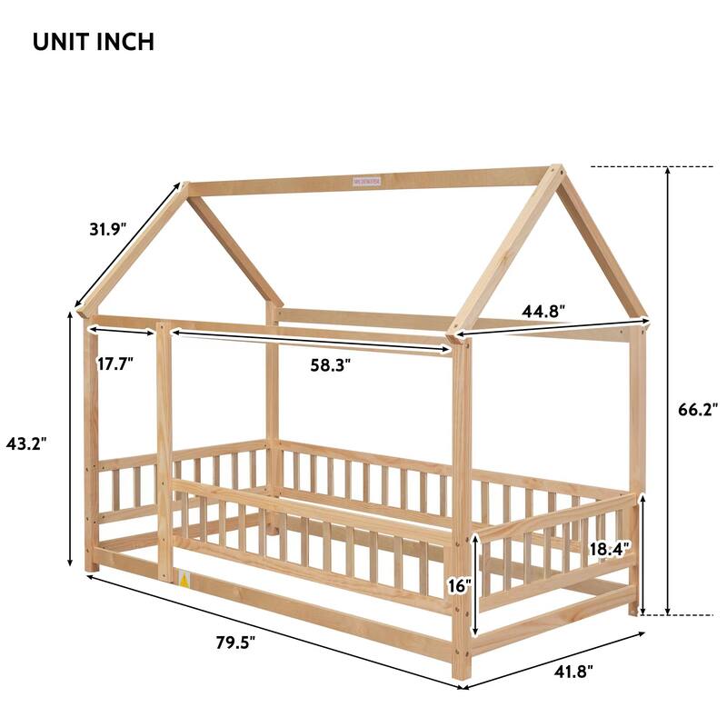 Floor Wooden Bed with House Roof Frame, Fence Guardrails