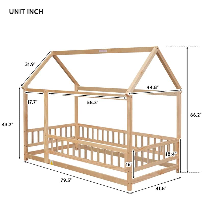 Twin Size Floor Wooden Bed with House Roof Frame