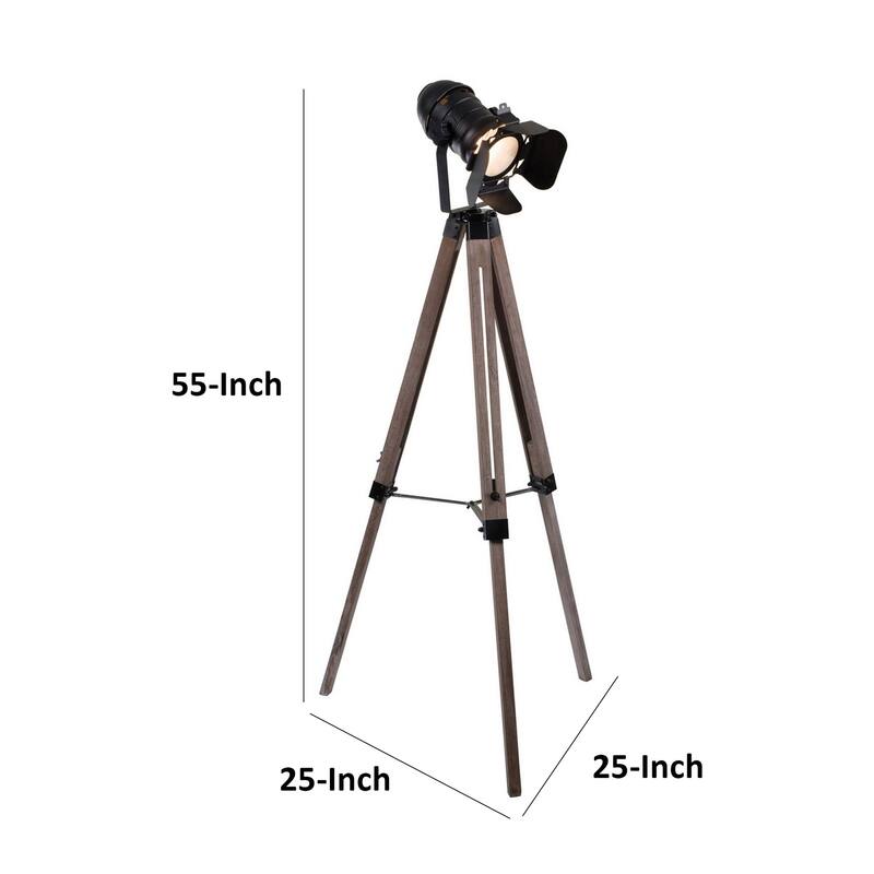 55 Inch Floor Lamp with Tripod Style Wood Frame, Spotlight, Brown and Black