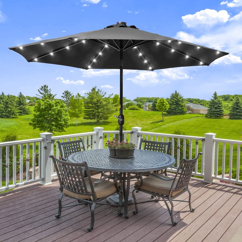 LIVOOSUN LED 9ft Patio Umbrella Market Umbrella Steel Tilt w/Crank - Black