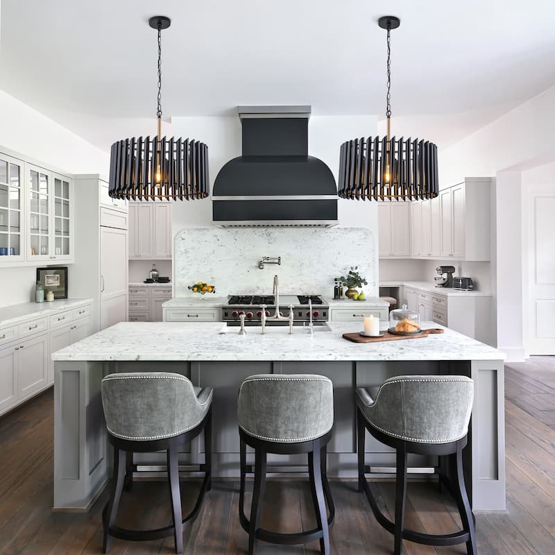 Modern Industrial Black Slatted Drum Pendant Light Fixture - Dia.19.69-in