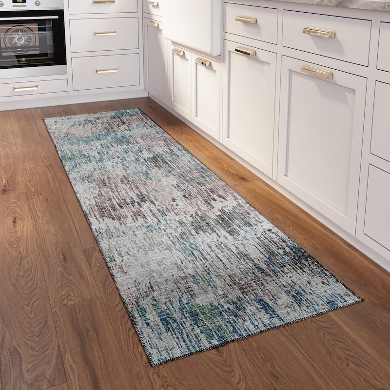 Indoor/ Outdoor Accord Modern Brushstrokes Polyester Washable Rug New - 2'3" x 7'6" Runner - Teal