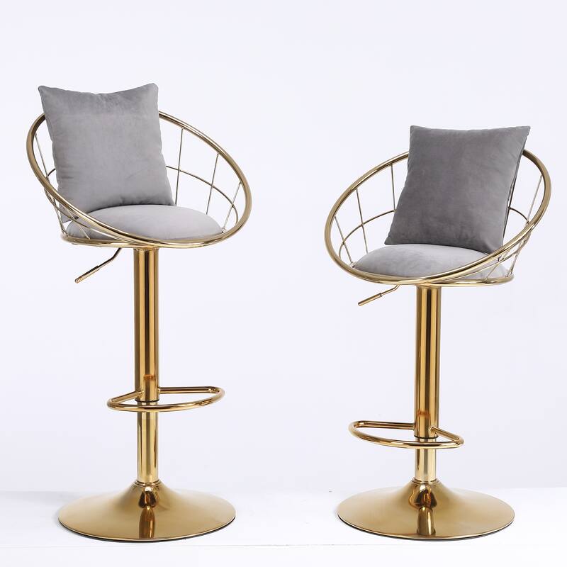 Velvet Bar Chair, Pure Gold Plated, 360 Degree Rotation, Adjustable Height, For Dinning Room And Bar, Set Of 2