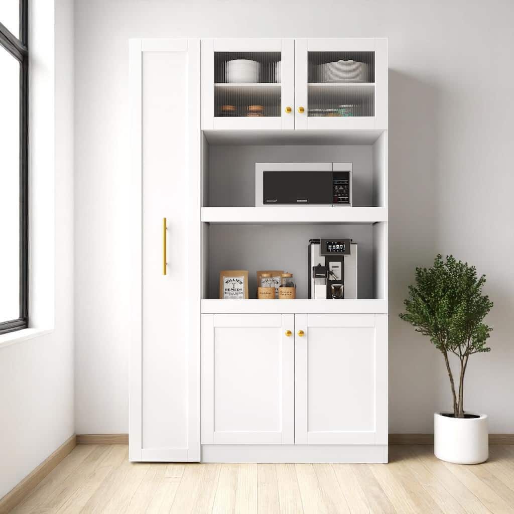 Kitchen Pantry Cabinet with Expandable Pull-Out Shelves, Farmhouse Storage Cabinet with 4 Doors and Organizers