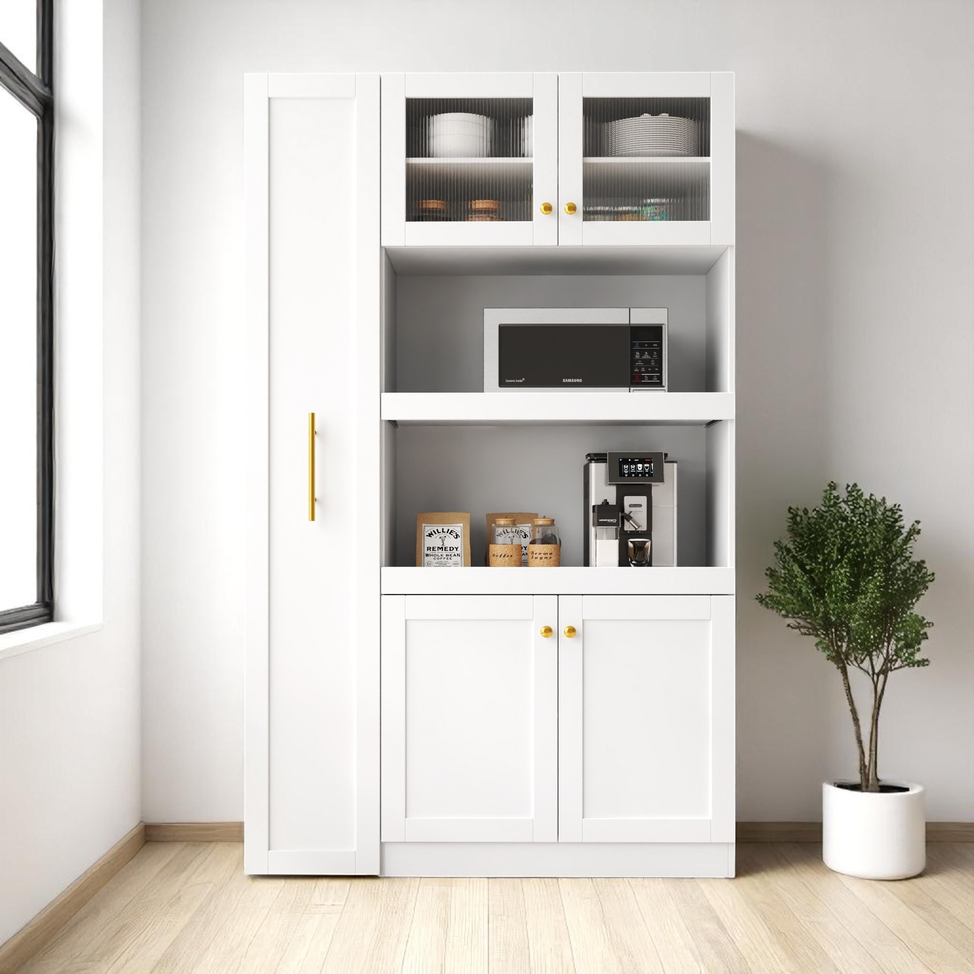 Kitchen Pantry Cabinet with Expandable Pull-Out Shelves, Farmhouse Storage Cabinet with 4 Doors and Organizers