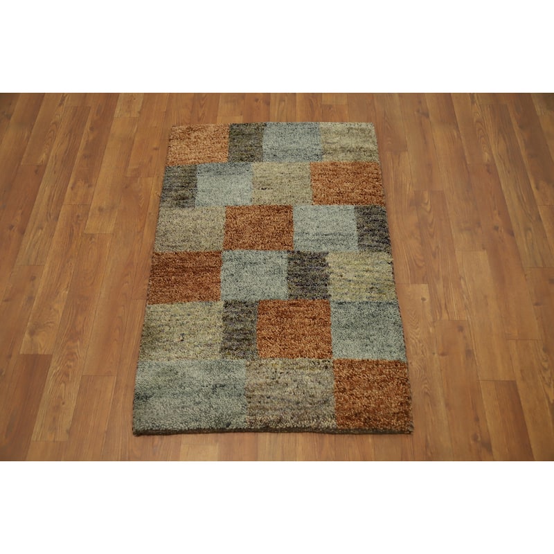 Hand Knotted Oriental 100% Wool Carpet Modern Geometric Multi-Colored Gabbeh Area Rug - 3' 0'' X 2' 1''