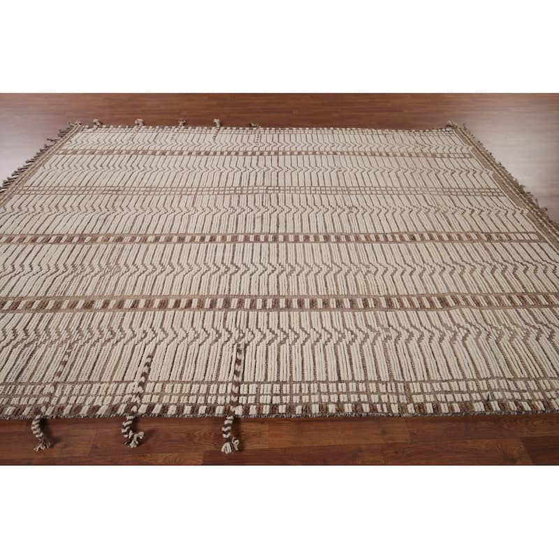 Earth Tone Moroccan Oriental Area Rug Handmade Stripe Wool Carpet - 7'11"x 10'5"
