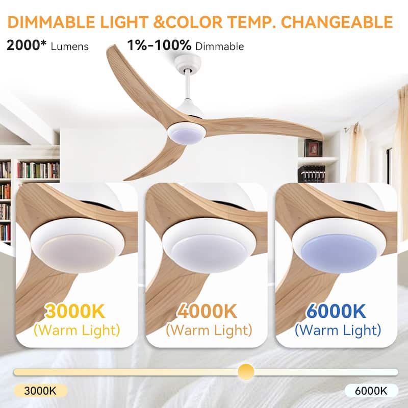 52 inches Indoor Solid Wood 6-Speed Ceiling Fan with Lights, Slient 3-Color Futuristic Ceiling Fan with Remote - 52 Inches