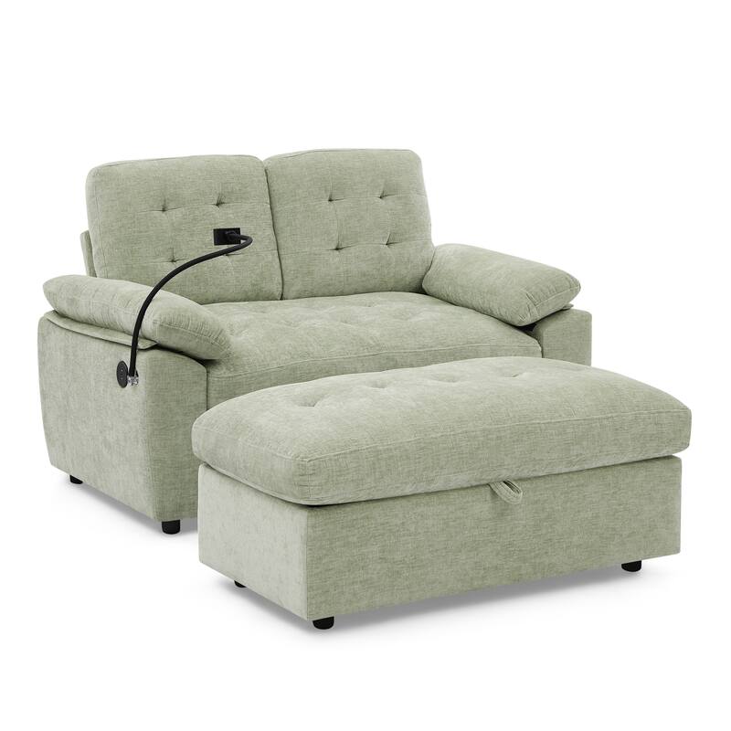 Double Recliner Chair with Adjustable Backrest, Storage Ottoman, USB Port & Phone Stand