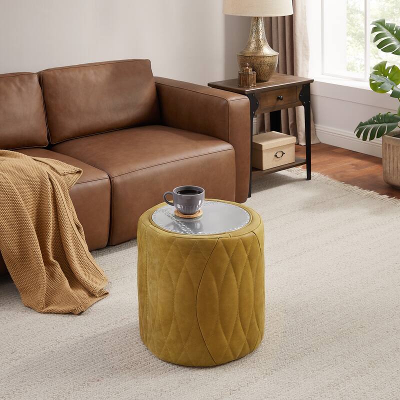 Art Leon Industrial Aluminum and Genuine Leather Ottoman Stool - Light Brown