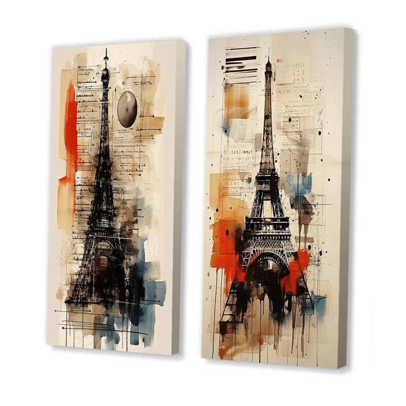 Designart "Paris Eiffel Tower Retro Illustration I" City Paris Wall Art Set of 2 - Traditional Wall Art For Bedroom