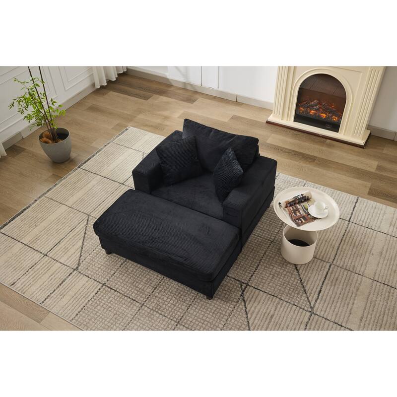 Chaise Lounge Chair with Removable Ottoman, Modern Accent Armchair Corduroy Sleeper Sofa Chair with Pillows for Living Room