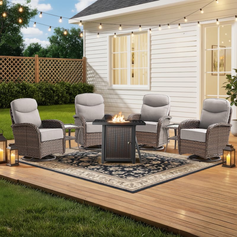 Pocassy Outdoor Sofa Swivel Chair and Ottman with 30in Fire Pit Table - Brown Wicker Beige Cushion - 7-Piece Swivel Chiar with Fire Table