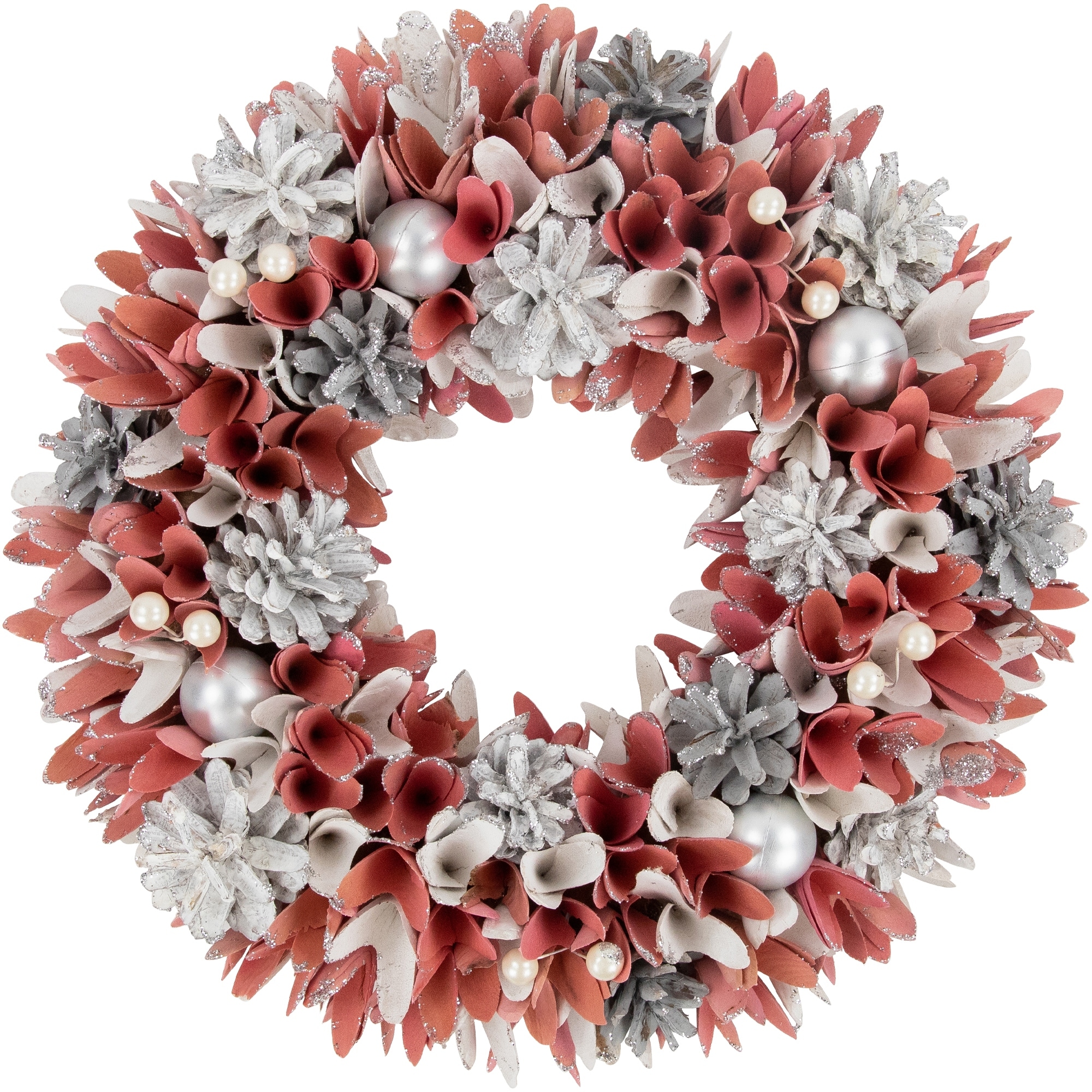 13" Pink and White Wooden Floral Christmas Wreath with Pinecones