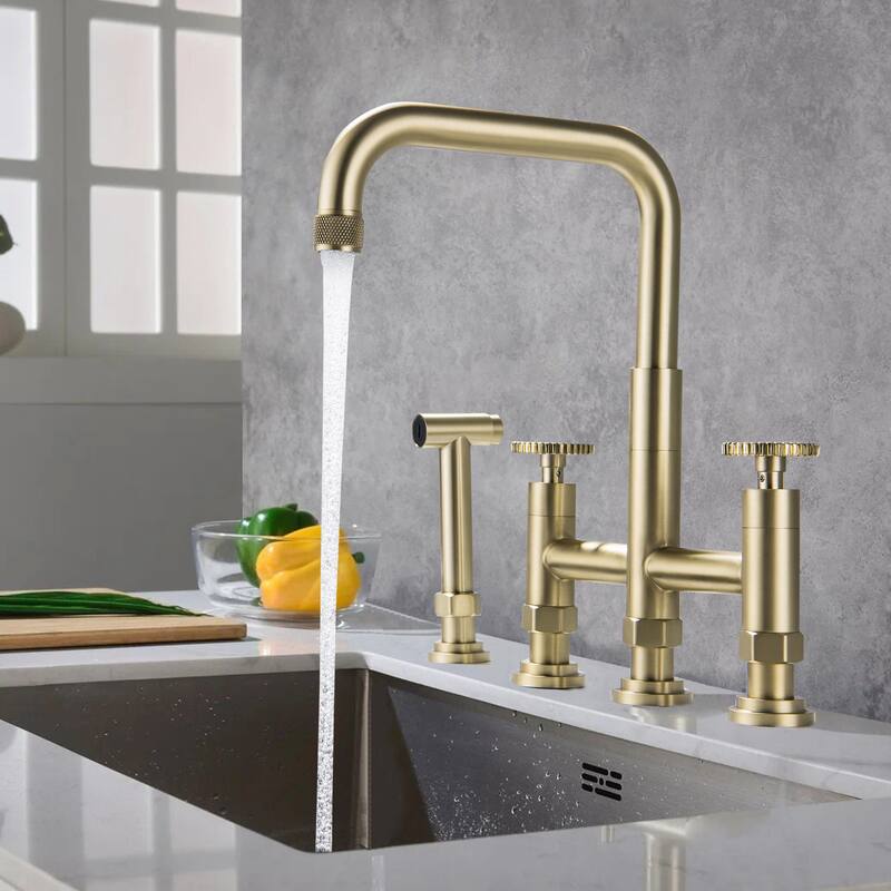 Antique 360 Swivel Bridge Kitchen Faucet with 28'' Slide Sprayer In Stainless Steel