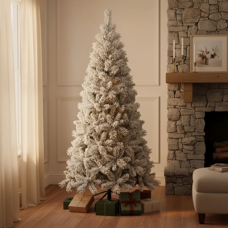 HomeRoots 9' Green And White Slender Flocked Pine Christmas Tree - 6 Foot