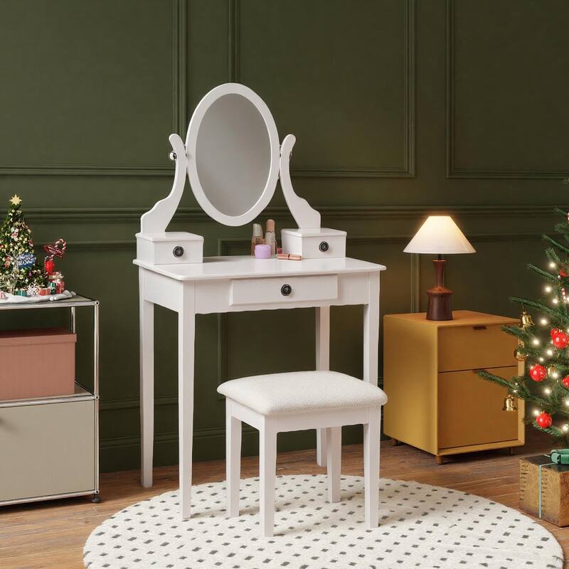 Bedroom Makeup Vanity Desk and Stool Set, Vanity Set Includes Dressing Table, Swivel Adjustable Oval Mirror and Stool - White
