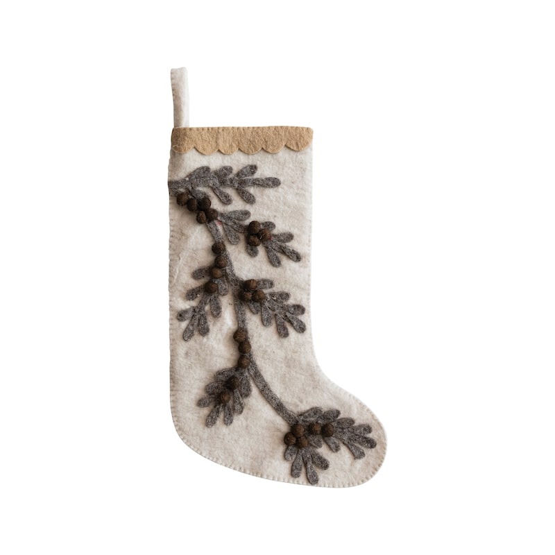 Handmade Wool Felt Stocking with Appliqued Branch