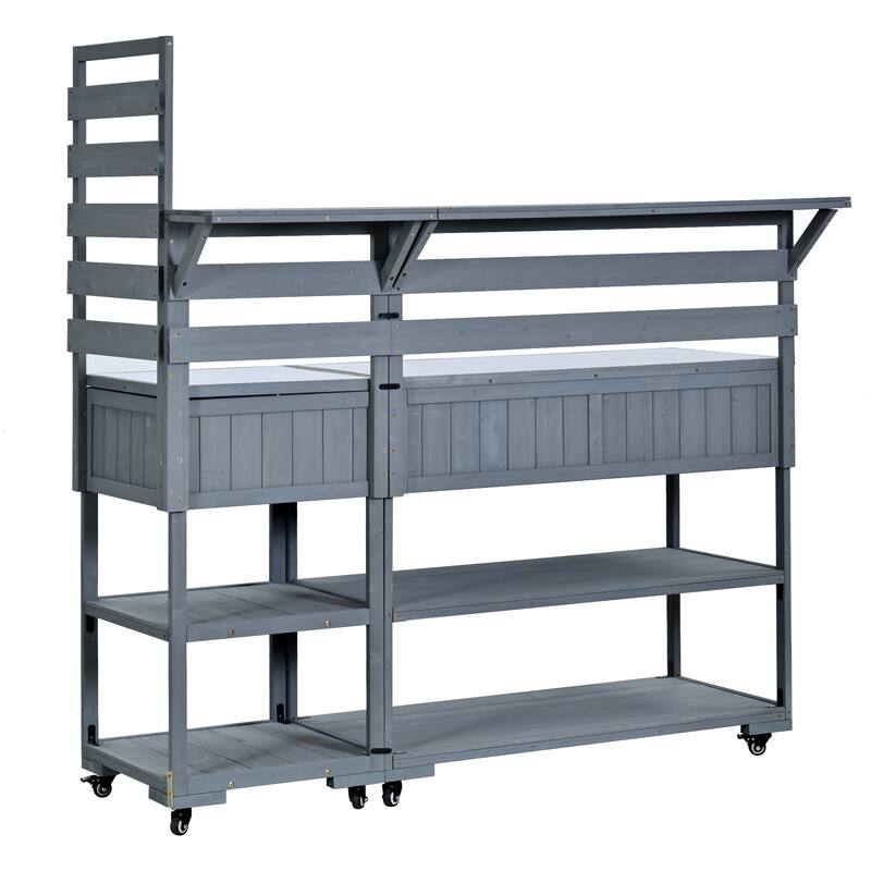 Solid Wood 62.3'' Patio Kitchen Island Kitchen Cart with Stainless Table Top, Garden Potting Bench with Raised Shelf and Drawers