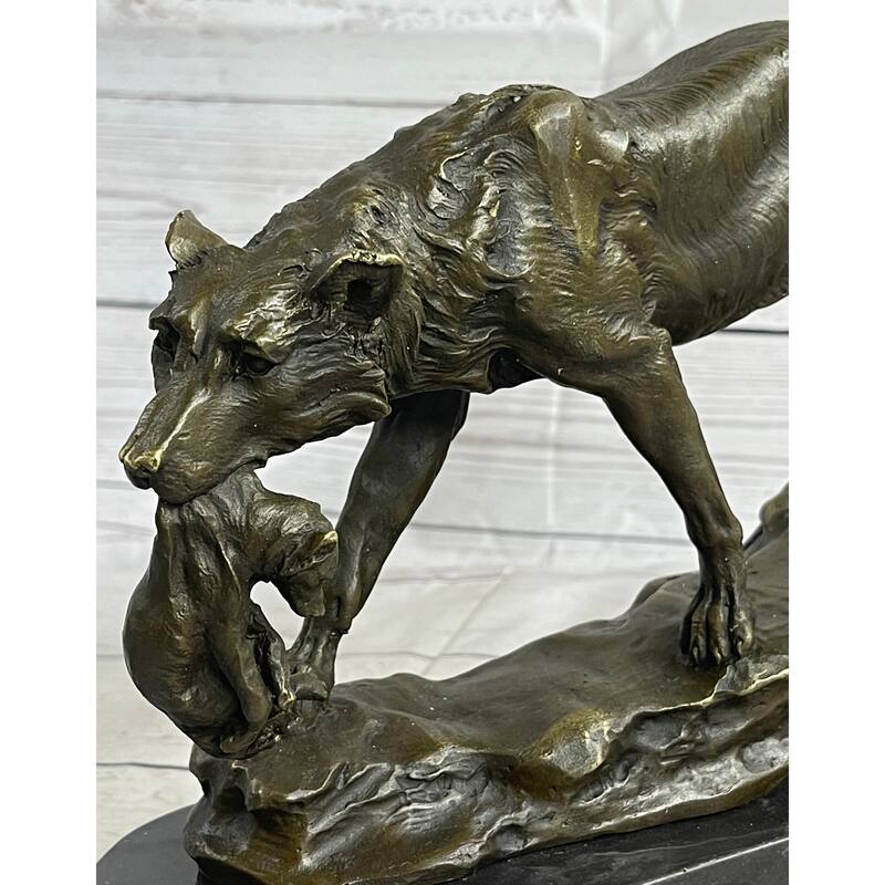 Wolf Carrying Cub Bronze Metal Statue Sculpture Marble Base 9 Inches X 11 Inches