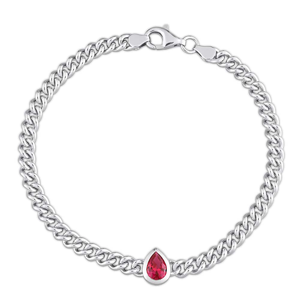 Miadora 1 1/7ct TGW Pear Created Ruby Curb Link Chain Bracelet Sterling Silver - 7.5 in