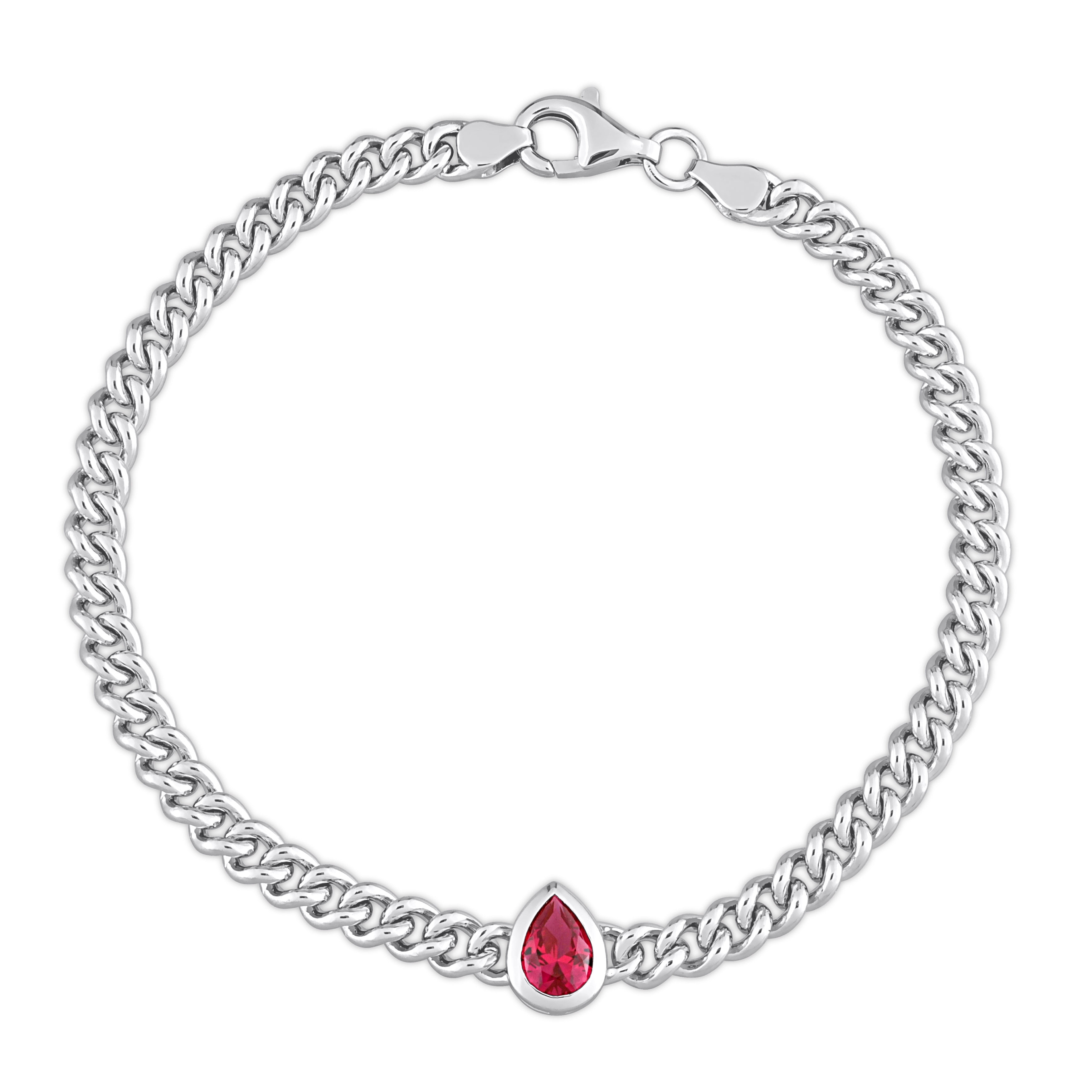 Miadora 1 1/7ct TGW Pear Created Ruby Curb Link Chain Bracelet Sterling Silver - 7.5 in