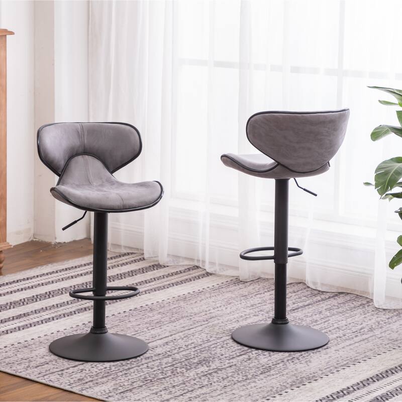 Set of 2 Adjustable Swivel Barstools with Weathered Upholstery & Chrome Base.