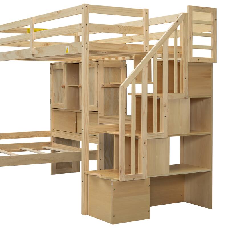 Twin over Twin Loft Bed with Built-in Desk, Staircase & Storage, Natural Pine Wood & MDF
