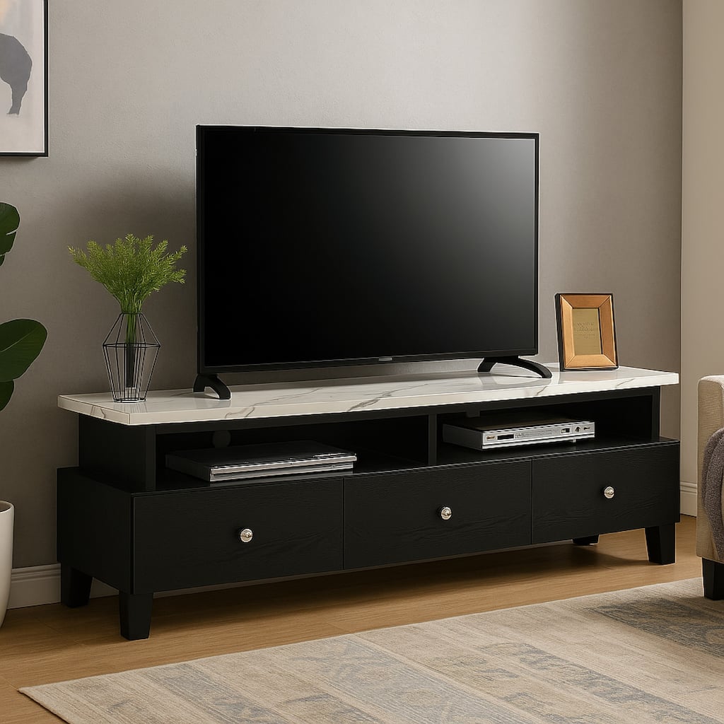 Fiaz 71 Inch TV Stand Media Cabinet, 3 Drawers w 2 Shelves, White Top