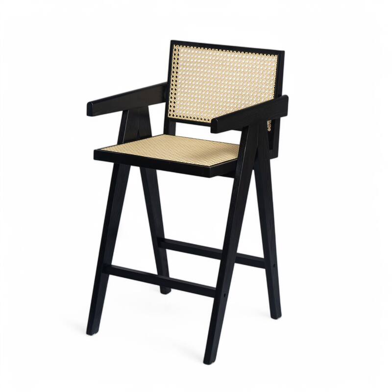 Roomfitters Modern Minimalist Bar Stool with Cane Seat and Solid Wood Frame, Set of 2