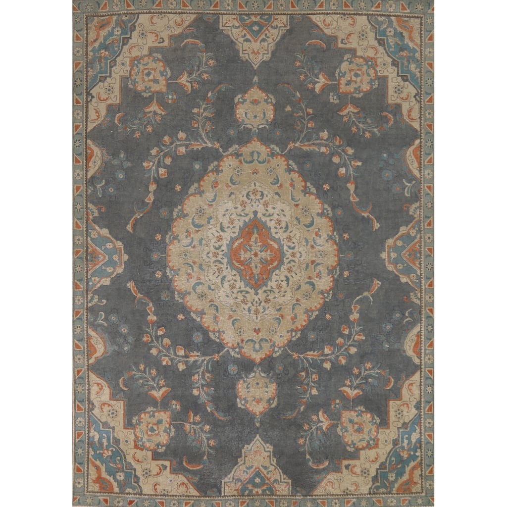 Gray Blue Medallion Tabriz Persian Vintage Rug Handmade Wool Carpet - 7'6" x 10'4"