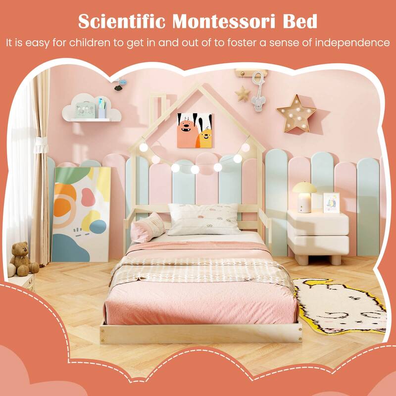 Costway Twin Size Floor Bed for Kids with Chimney Headboard & Handrail