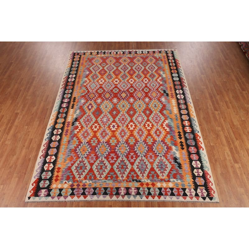 Orange Kilim Area Rug Hand-Woven Reversible Wool Carpet - 8'5" x 11'5"