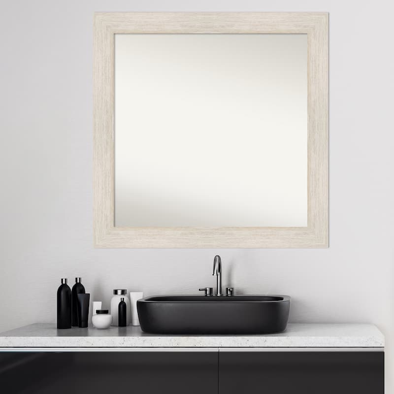 Non-Beveled Wood Bathroom Wall Mirror - Hardwood Whitewash Frame