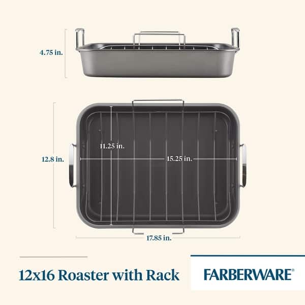 Farberware Nonstick Bakeware Roaster with Rack, 12Inch x 16Inch, Gray