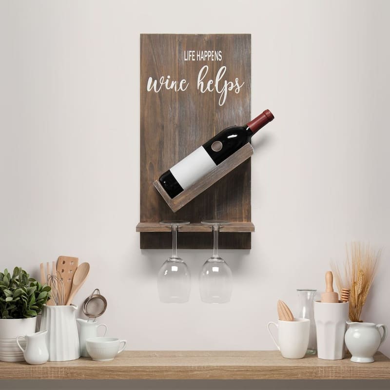 Elegant Designs Lucca Wall Mounted Wooden “Life Happens Wine Helps” Wine Bottle Shelf with Glass Holder
