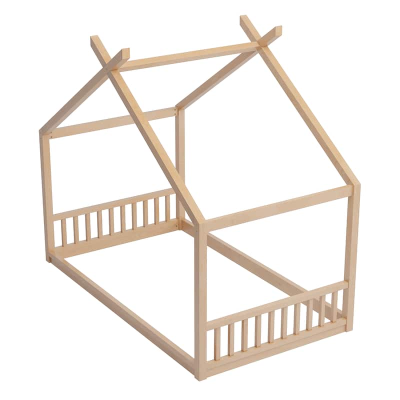 Montessori House-shape Bed Frame for Kids Toddler Floor Bed with Fence Headboard Footboard, Low Wooden Tent Bed Without Slats