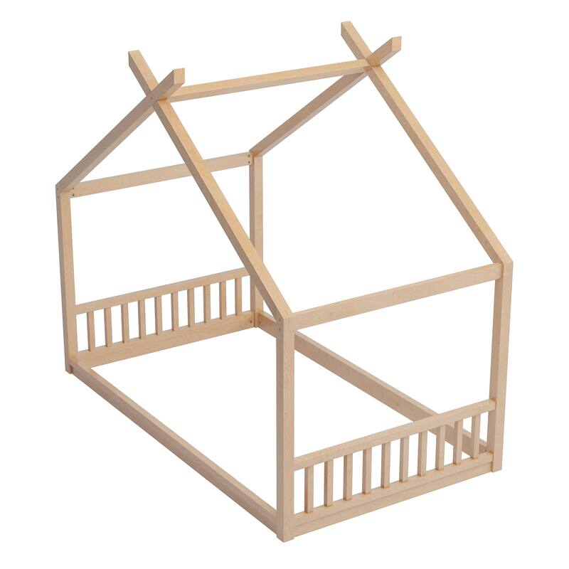 Montessori Style Wooden Floor Bed with Roof, Low Frame and Guardrails, Cozy Playhouse Look