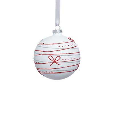 Matte Glass Holiday Ball Ornaments with Red Ribbon Design, Set of 6, 4"